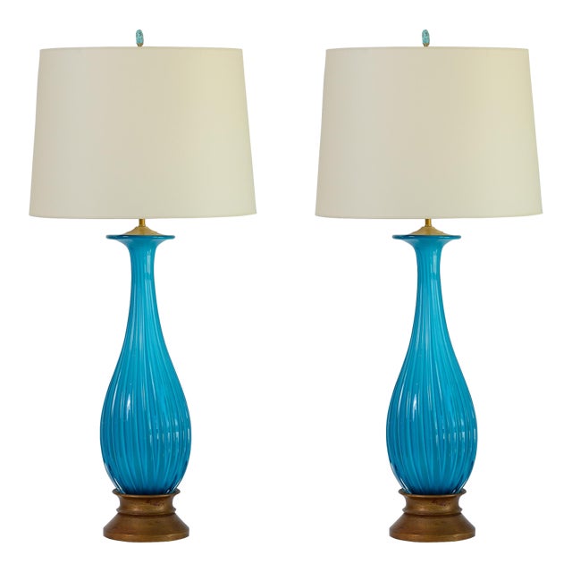 Pair Murano Blue Empoli Glass, Lamps Italy 1960s For Sale