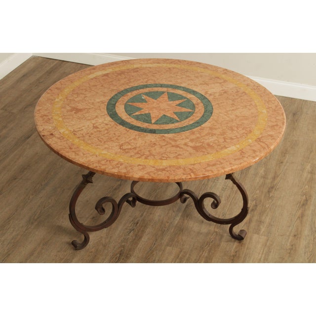 High Quality Vintage Iron Scroll Base Table with Custom Marble Star Inlay Round Top