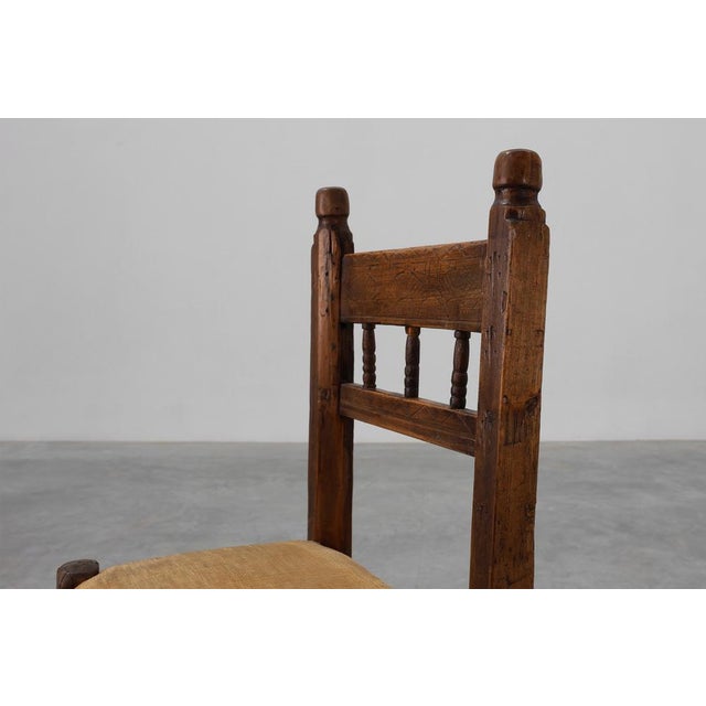 Rustic Spanish Hand-Carved Oak Side Chair with Velour Seat, 19th Century For Sale - Image 3 of 14