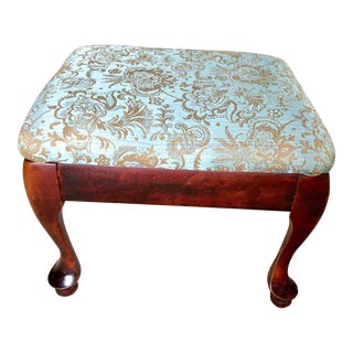Vintage Queen Anne Style Upholstered Mahogany Foot Stool For Sale