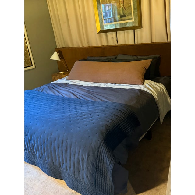 Custom Wall to Wall Velvet Headboard and Walnut King Sized Bed Frame For Sale - Image 13 of 13