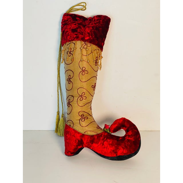 Cute Holiday decoration- vintage Christmas boot in red velvet and beaded fringes.