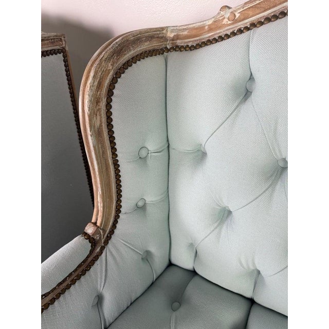 Pair of Louis XV Style French Bergères – Pale Blue Linen For Sale - Image 9 of 15