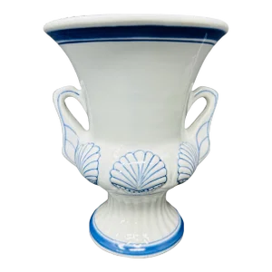 Vintage Blue and White Ceramic Handled Urn With Seashells