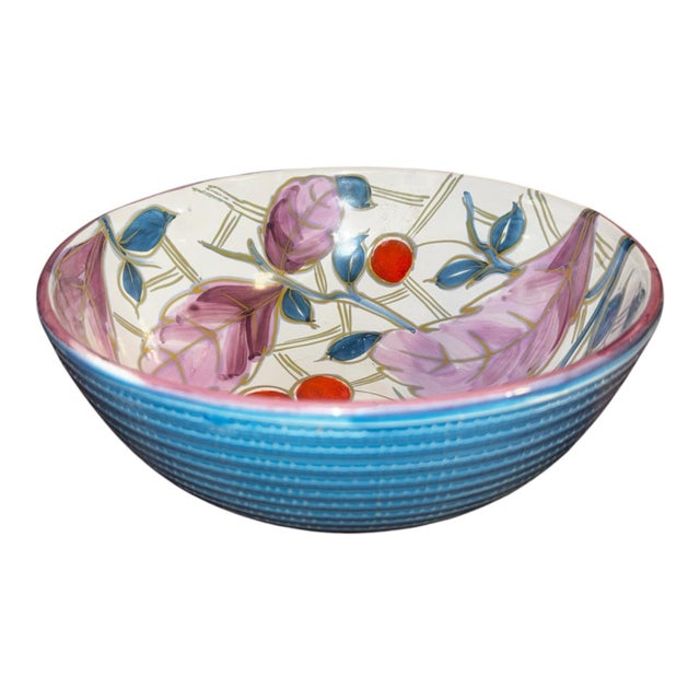 1960s 1966 Aldo Londi for Bitossi Hand-Painted Turquoise Bowl With Red & Violet Berry Motif For Sale - Image 5 of 10