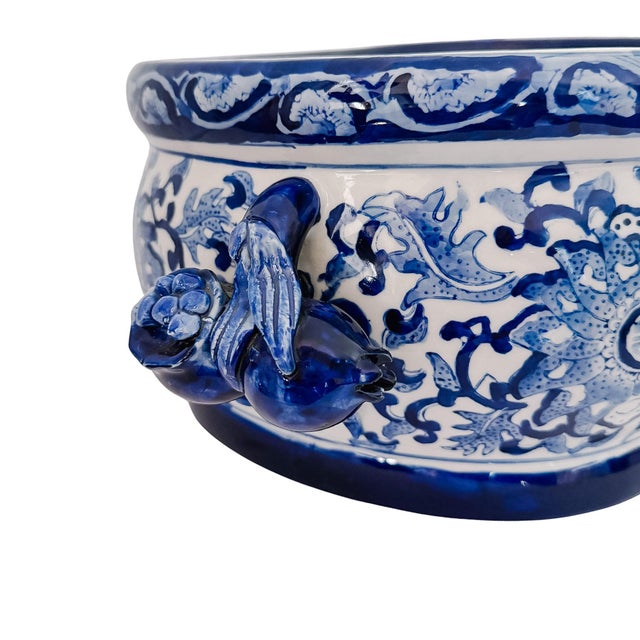 Blue Late 20th Century Large Chinoiserie Blue & White Porcelain Foot Bath Planter With Pomegranate Handles For Sale - Image 8 of 11