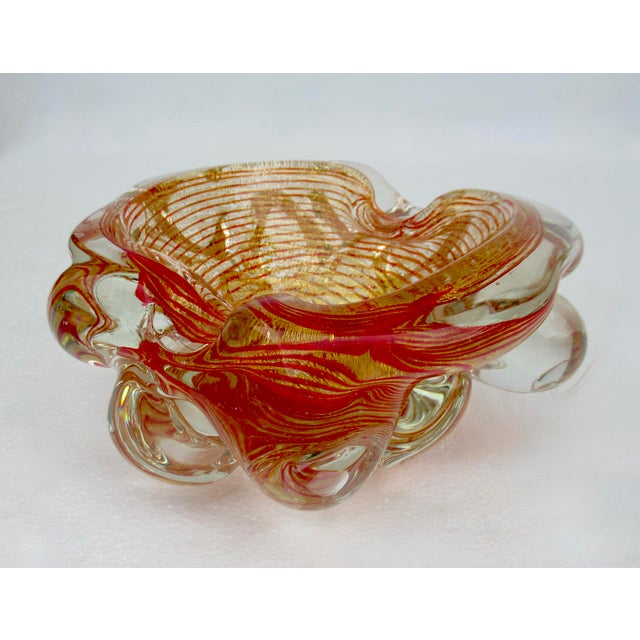 Metal C.1960's Barovier E Toso Italian Murano Large Thick Red, With Gold Leaf Inclusions "Zebrati" Bowl For Sale - Image 7 of 18