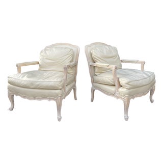 Vintage 1990s Sam Moore Bergère Chairs in Ivory Genuine Leather, Whitewashed Maple Frame – Pair For Sale