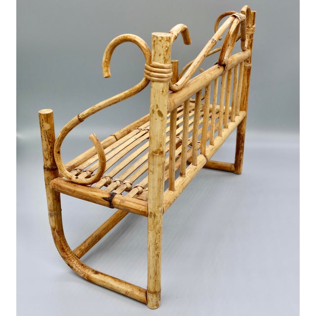 Vintage Boho Bamboo & Rattan Wall Shelf With Towel Bar — Scroll Arm Design For Sale - Image 4 of 7