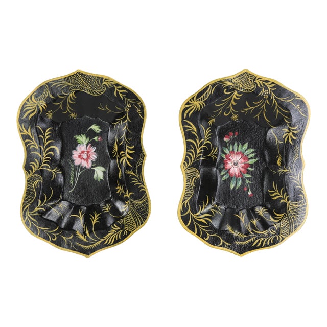 Pair of Iron Hand-Painted Floral Trays For Sale