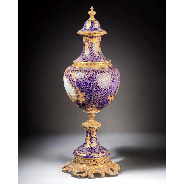 Cobalt Blue Porcelain Vase with Gilt Figural Reserve in the style of Sèvres, Befos For Sale - Image 3 of 18