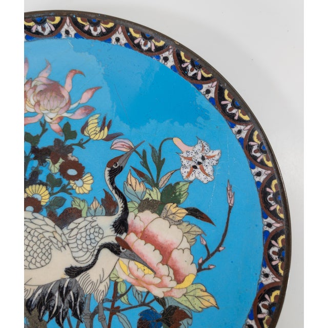 Early 20th Century 19th Century Japanese Restored Cloisonne Enamel Charger Plate With Cranes For Sale - Image 5 of 12
