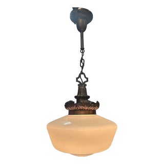 1930s Art Deco Copper Acanthus Leaf Hanging Pendant Light W/ Opal Schoolhouse Globe For Sale