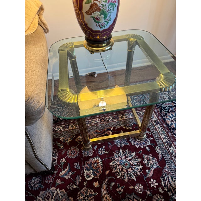 1970s Hollywood Regency Brass Glass End Table Square Scalloped Corner Accent For Sale - Image 4 of 5