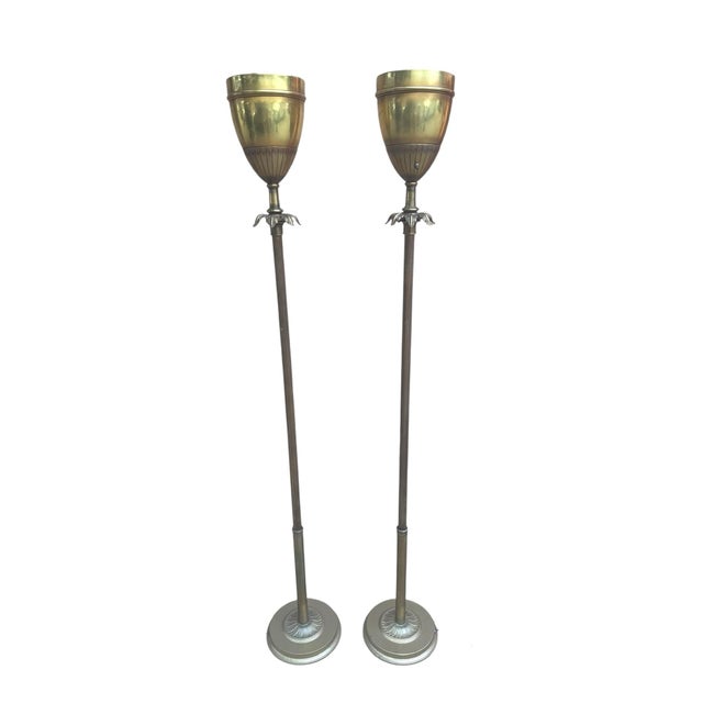 Mid 20th Century Hollywood Regency Brass Uplight Torchiere Floor Lamps - Pair For Sale - Image 5 of 8