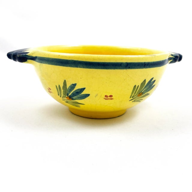 French Provincial Vintage Henriot Quimper Soleil Yellow Handled Bowl With Breton Woman & Floral Motif For Sale - Image 3 of 6