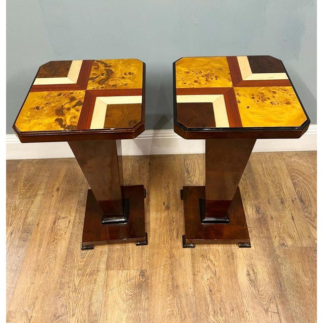 Art Deco Inlaid Pedestal Side Tables, Set of 2 For Sale - Image 14 of 16