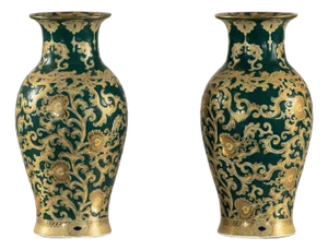 Green and Gold Porcelain Vases with Foliage Scrollwork - A Pair