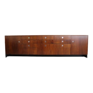 Extra-Long Mid-Century Modern Walnut Credenza – 11 Drawers, Chrome Accents & Cabinet Storage For Sale