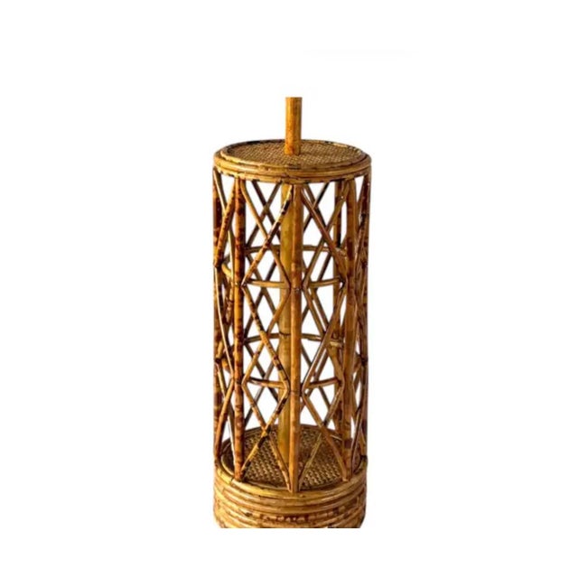 Wood Vintage Mid Century Rattan and Bamboo Cylinder Table Lamps, a Pair For Sale - Image 7 of 13