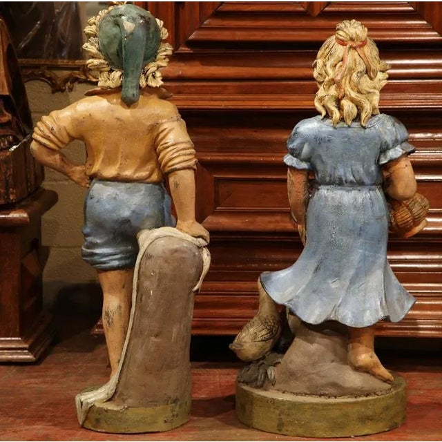 Metal Pair of Mid-Century French Painted Iron Garden Statues of Children Sculptures For Sale - Image 7 of 7