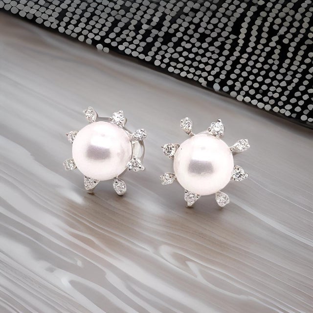 Traditional Diamond Akoya Pearl Earrings 14 Karat White Gold Certified For Sale - Image 3 of 15