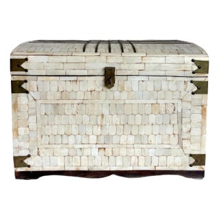 Vintage Indian Bone Inlay Mosaic Arched Trunk Chest With Brass Overlay For Sale