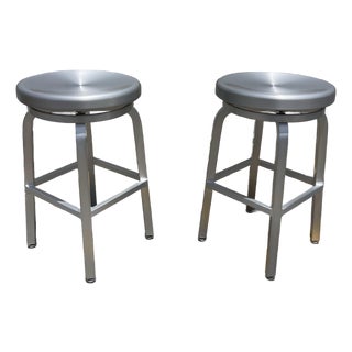 Industrial Style Brushed Aluminum Swivel Bar Stools by Crate & Barrel. A Pair For Sale