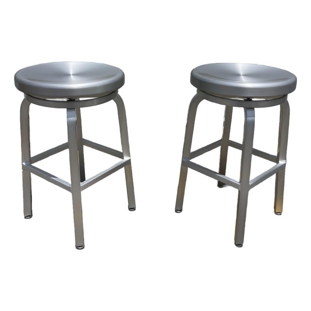 Industrial Style Brushed Aluminum Swivel Bar Stools by Crate & Barrel. A Pair For Sale
