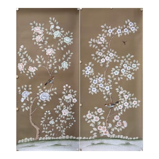 Chinoiserie Hand‑Painted Wallpaper Panels, Taupe Background Floral & Bird Motifs, Set of 2 For Sale