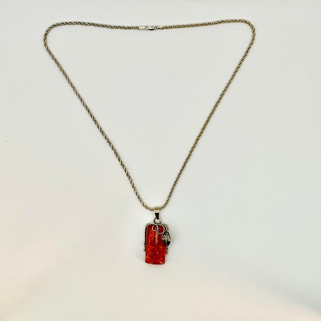 1970s Vintage Boho Chic Italian Art Nouveau Amber & Sterling Pendant Necklace, 22.5” For Sale - Image 6 of 15