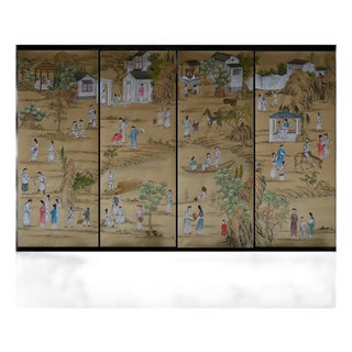 Hand-Painted Silk Chinoiserie Landscape Mural Panels | Vintage Figural Wall Art Luxury Set of 4 For Sale