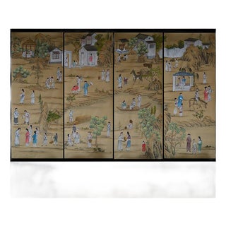 Vintage Chinoiserie Wallpaper | Hand-Painted Figural Landscape Mural | Luxury Antique Style Wall Art For Sale