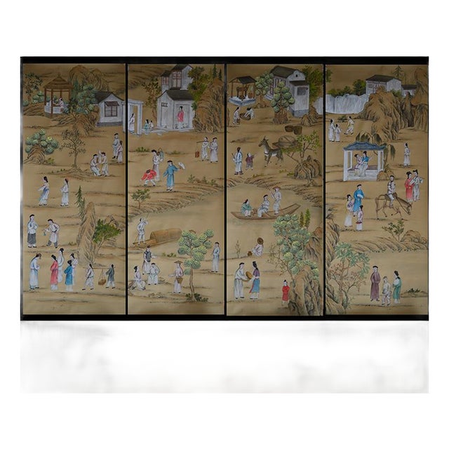 Vintage Chinoiserie Wallpaper | Hand-Painted Figural Landscape Mural | Luxury Antique Style Wall Art For Sale