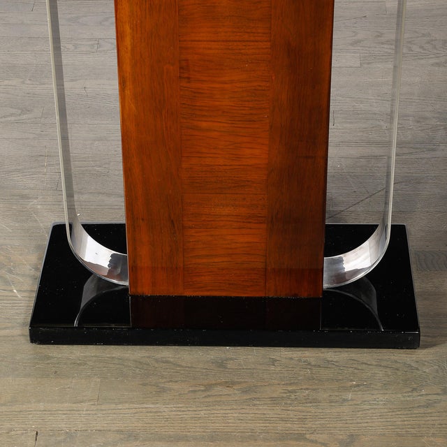 Brown Art Deco Machine Age Console Table in Walnut, Lacquer & Banded Nickeled Supports For Sale - Image 8 of 12