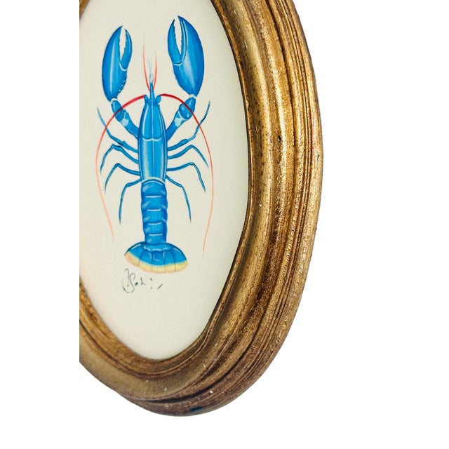 Nautical Original Hand-Painted Blue Lobster Paintings in a Vintage Italian Frame For Sale - Image 3 of 3