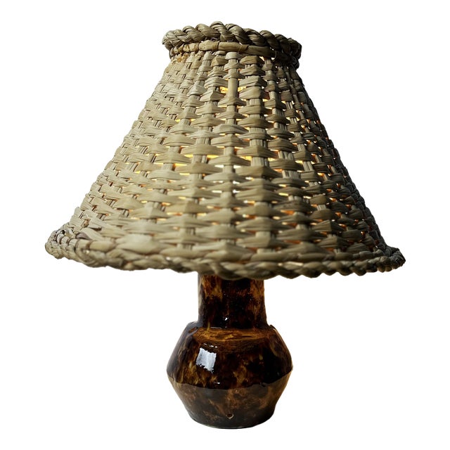 Mid-Century Modern Ceramic Table Lamp with Wicker Cap, 1960s For Sale