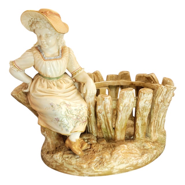 Figural Jardinière with Girl at Rustic Fence by James Hadley for Royal Worcester, 1888 For Sale