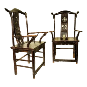 Antique Chinese High Back Armchairs Pair, Circa 1800-1849