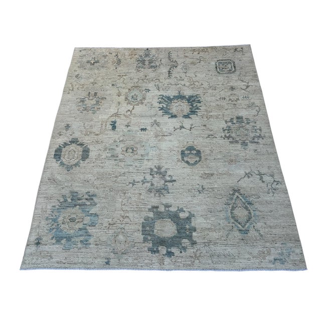 Art Deco Oushak Handmade Wool Rug in Ivory and Blue For Sale - Image 3 of 5