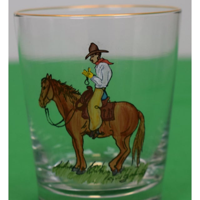 Mid 20th Century Set X 6 Cyril Gorainoff Hand Painted Western Cowboy Theme Double Old Fashioned Cocktail Glasses For Sale In New York - Image 6 of 9