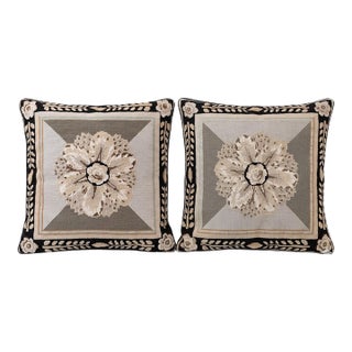 Pair of Vintage Wool Needlepoint Pillows W/Black Velvet Backs & Down Inserts — 17.5” Square for Cottage Core, Grandmillennial & Traditional. See Pics! For Sale