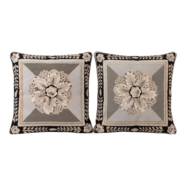 Pair of Vintage Wool Needlepoint Pillows W/Black Velvet Backs & Down Inserts — 17.5” Square for Cottage Core, Grandmillennial & Traditional. See Pics! For Sale