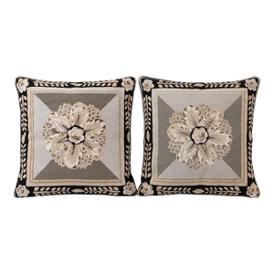 Pair of Vintage Wool Needlepoint Pillows W/Black Velvet Backs & Down Inserts — 17.5” Square for Cottage Core, Grandmillennial & Traditional. See Pics!