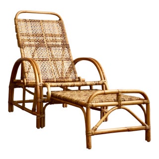 Vintage Mid Century Modern Bamboo Rattan Pretzel Arm Wicker Lounge/Chair & Ottoman For Sale