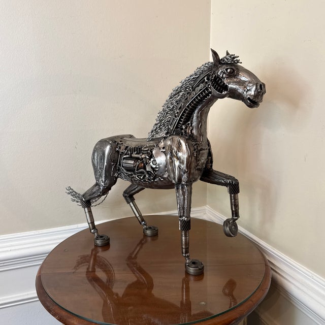 Vintage Industrial Recycled Metal Horse Sculpture Signed For Sale - Image 4 of 11