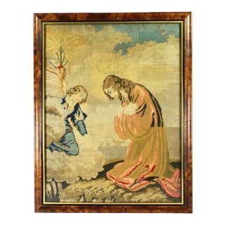 1850 Petit Point Religious Needlework Embroidery Jesus & Angel, England For Sale