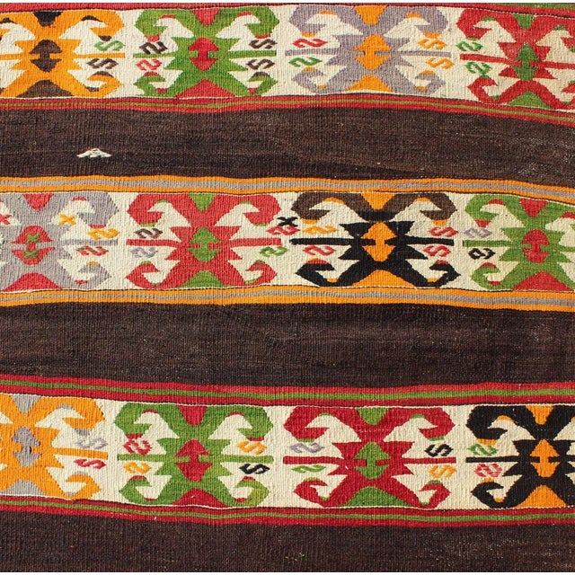 Tribal Brilliant Vintage Kilim Rug With Colorful Tribal Stripes on Charcoal Background For Sale - Image 3 of 8