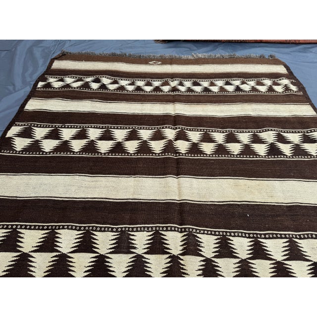 1970s 6x12 Vintage Flat Weave Kilim Rug, Brown & Ivory Geometric Design, Handwoven Wool Rug For Sale - Image 5 of 12