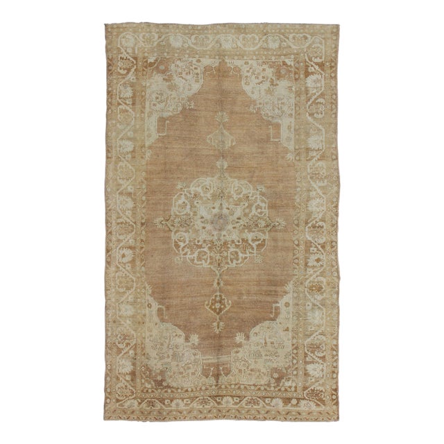 Brown and Ivory Vintage Turkish Rug With Flowers and Elegant Medallion 7'0"x12'5" For Sale